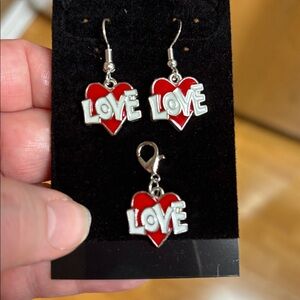 3pc set Cute new handmade Red Heart 'Love' Earrings w matching charm
